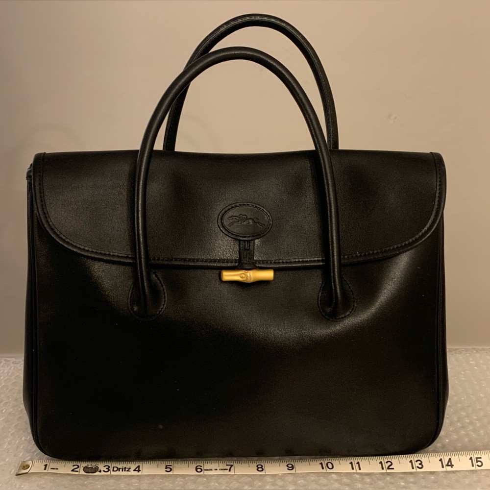 Longchamp Black Leather Top-Handle Tote with Gold Accent - Picture 13 of 13